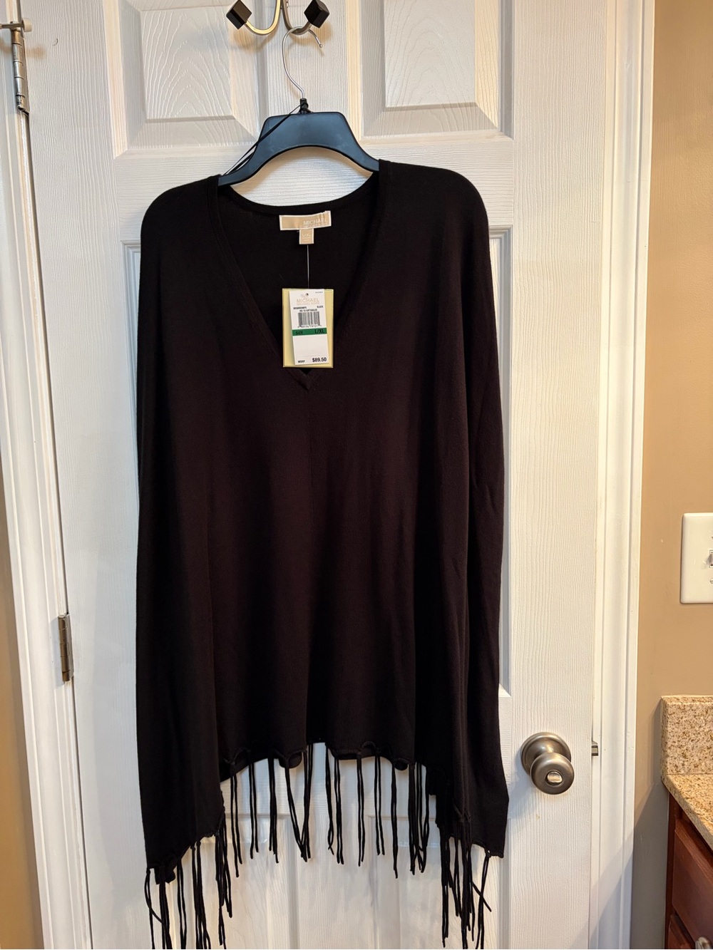 Michael Kors Black V-Neck Fringe-Hem poncho